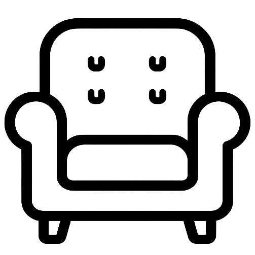 Armchair icon in dark gray, shown from the front with rounded arms and cushions.