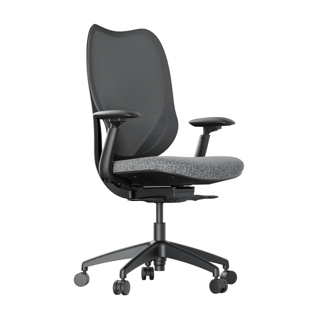 Ergonomic office chair with a breathable mesh back, cushioned seat, and a five‑wheel base on casters