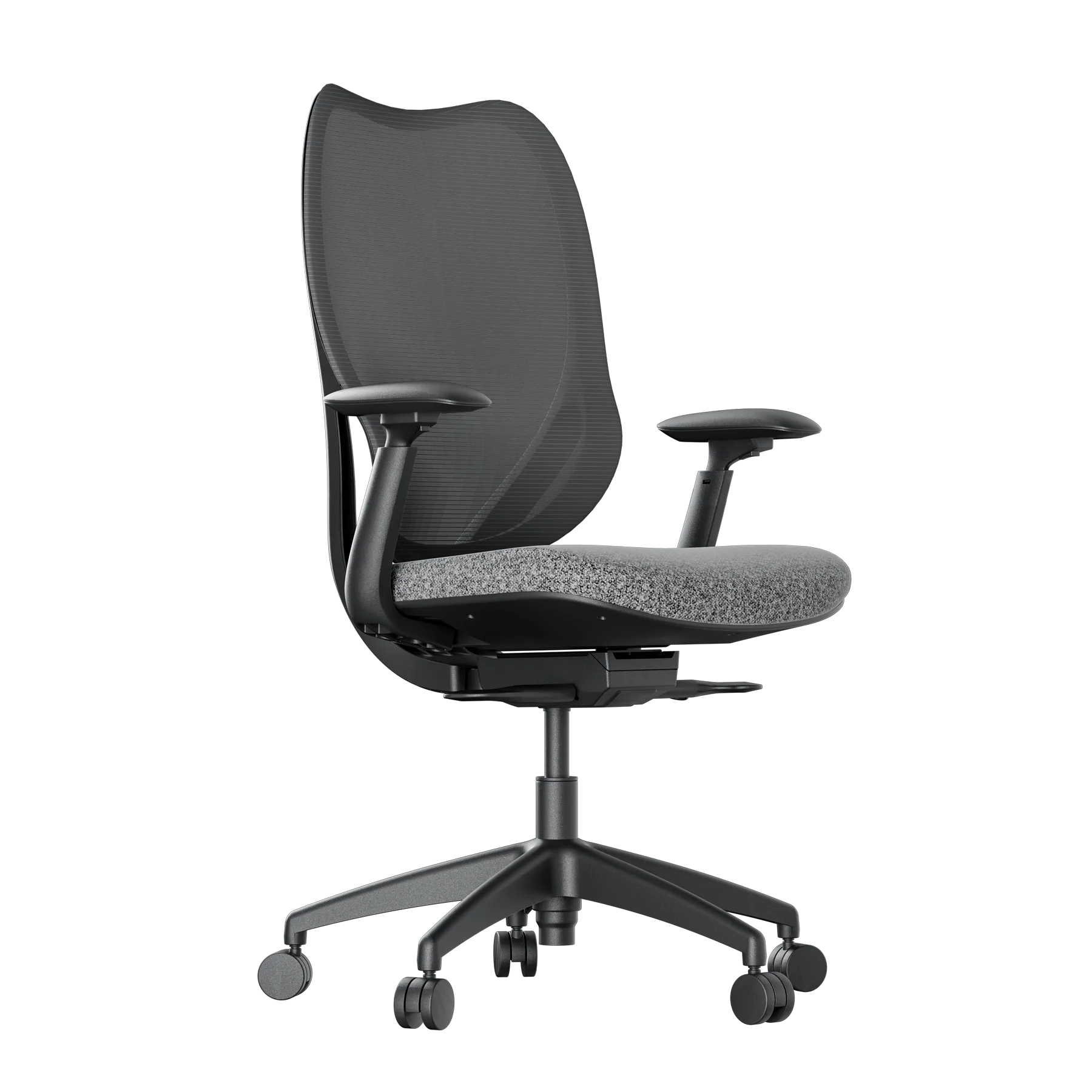 Ergonomic office chair with a breathable mesh back, cushioned seat, and a five‑wheel base on casters